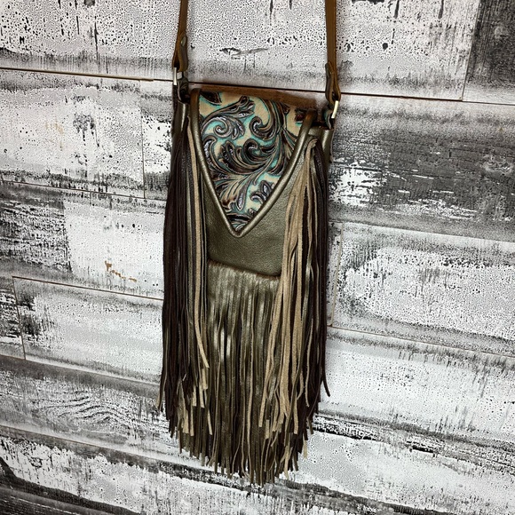 Metallic bronze and accents in turquoise and brown embossed crossbody purse - Picture 1 of 15